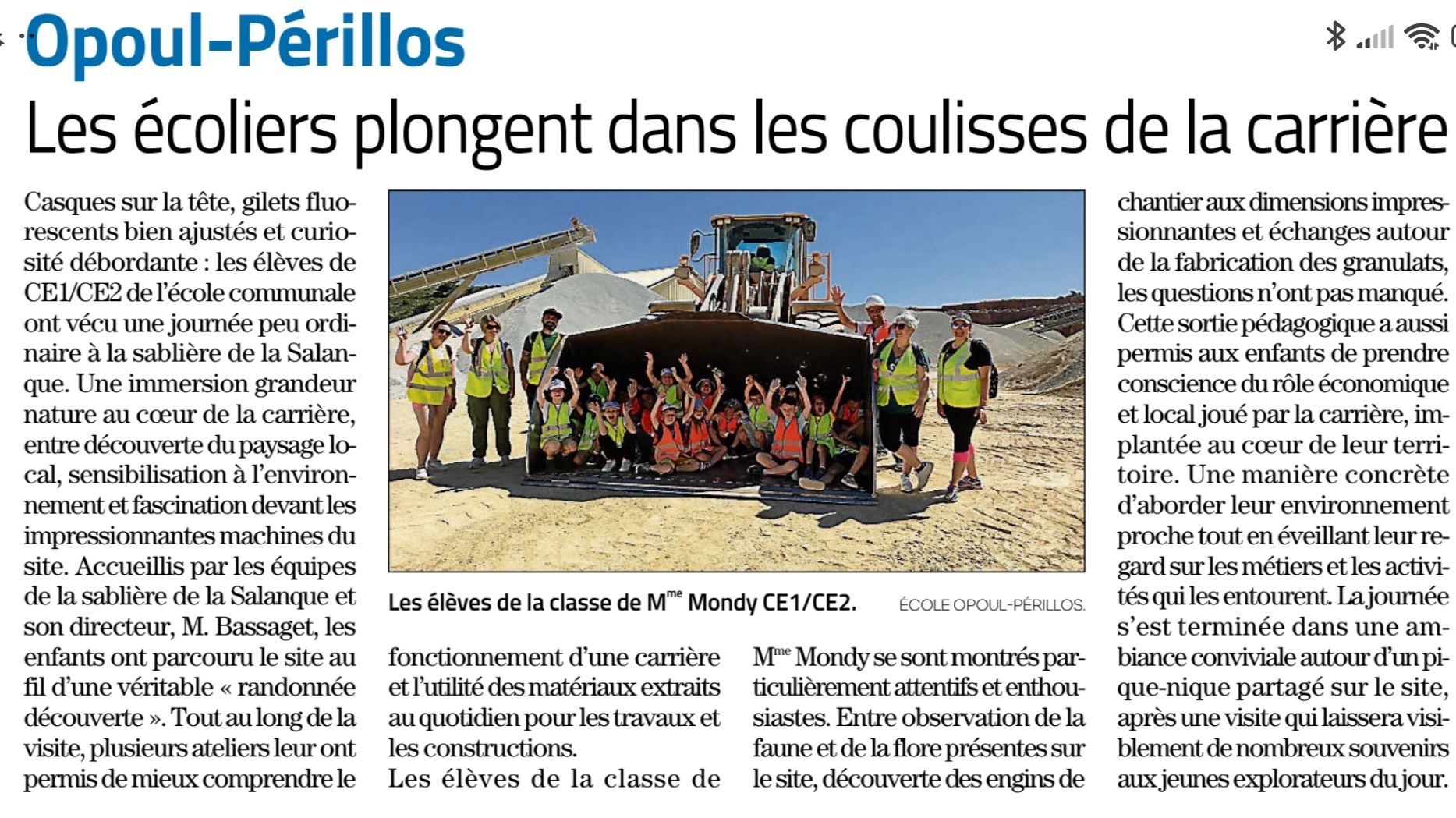 Visite pédagogique d’une carrière à Salses avec les élèves d’Opoul-Périllos